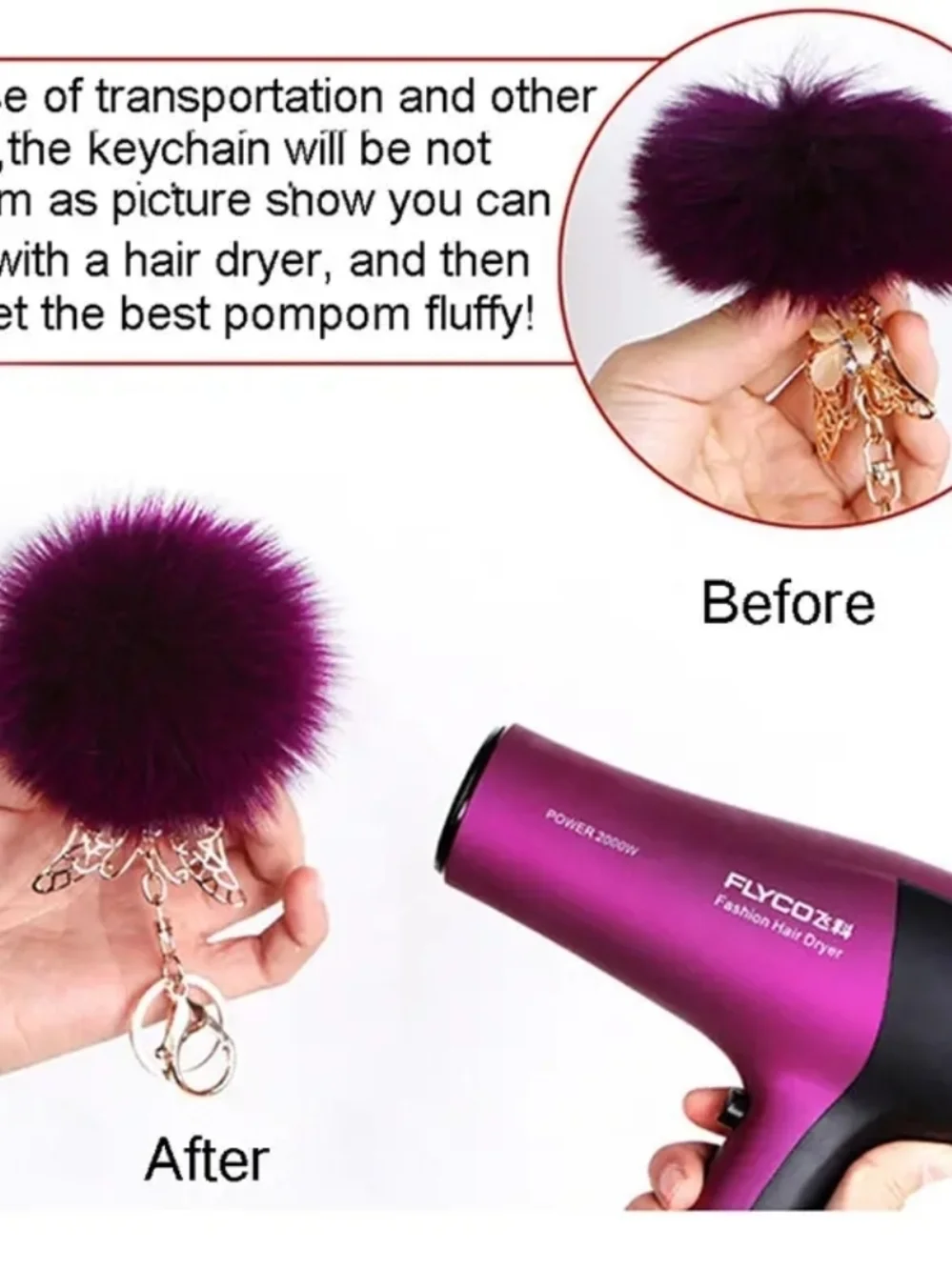 Pink Flamingo Pom Bag Charm  Keychain with Gold Crown